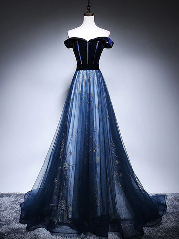 Niulatu Blue Tulle Velvet Long Prom Dress, Blue Evening Dress HZ1026